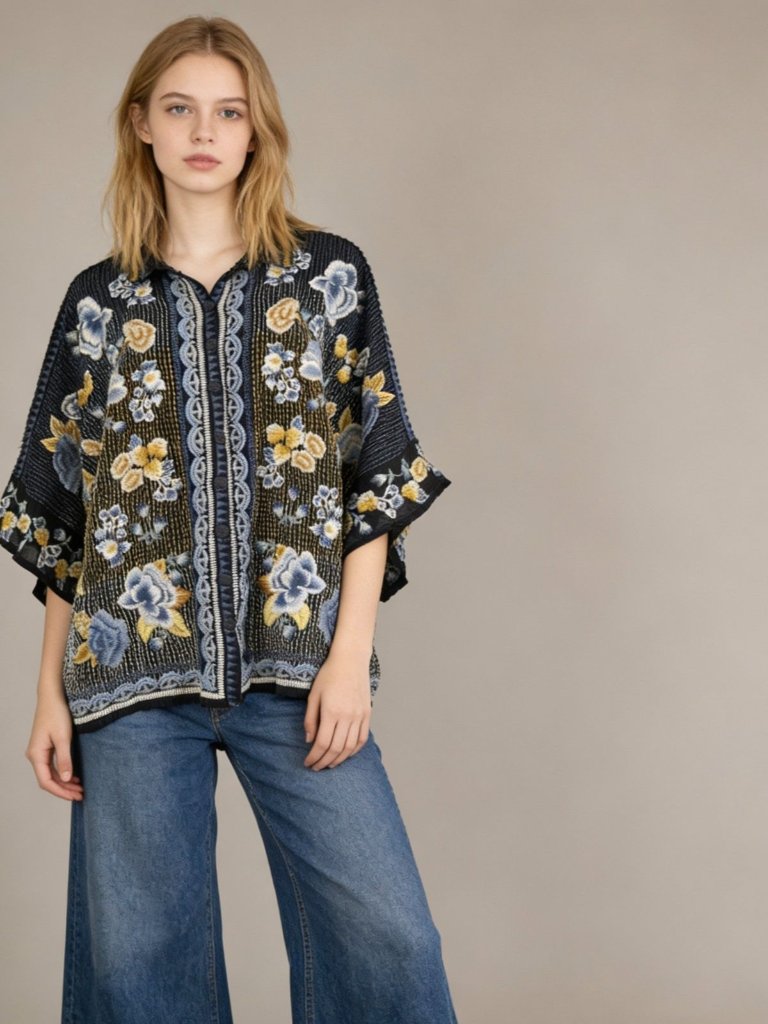 Nwot Johnny Was Minerva Floral Embroidered Button-Down Shirt Blouse Size M